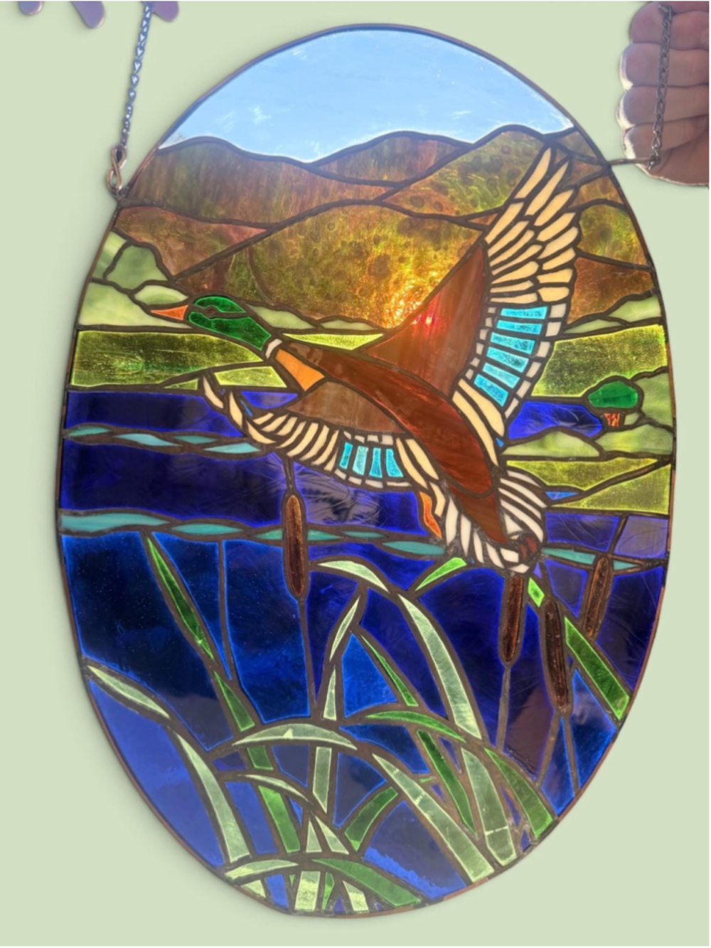 Mallard Duck Stained Glass Panel, Flying Duck Window Hanging, Wildlife Lake Art, - Picture 4 of 6